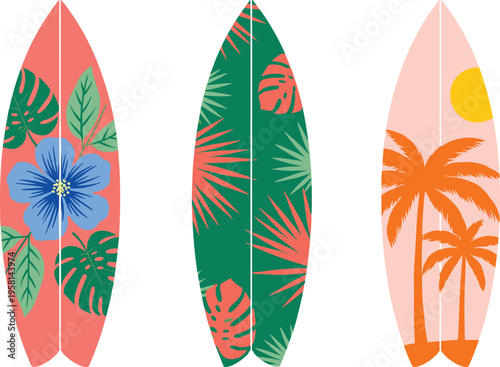Tropical surfboards with floral patterns. Summer beach design set. Colorful surfboard illustrations with palm trees, leaves, and hibiscus for vacation and ocean themes.
