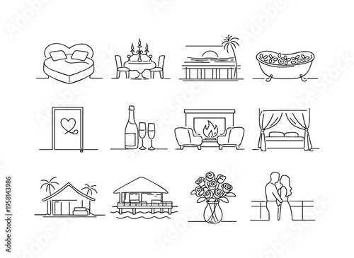 Romantic Themed Hotel Retreat. Minimalistic set one-line drawing heart shaped bed, candlelight dinner table, balcony sunset view, flower petal bath, honeymoon