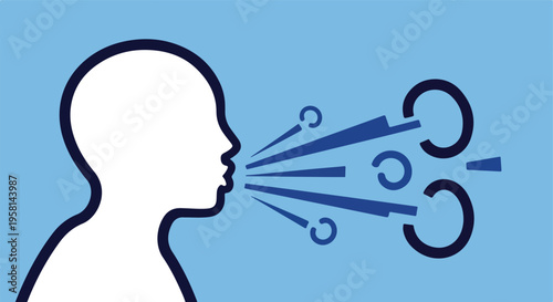 Stylized profile of a person exhaling, emitting blue stylized air particles