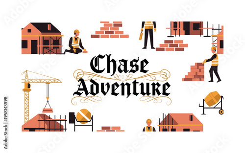 Chase Adventure. lettering and all elements in black. Vector style. AWhite background. Pure white background. Perfect isolation and visual consistency. Funky