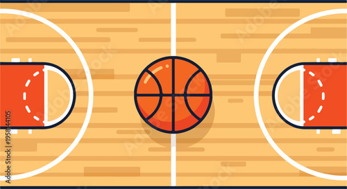 Overhead view of a basketball court with a ball at center