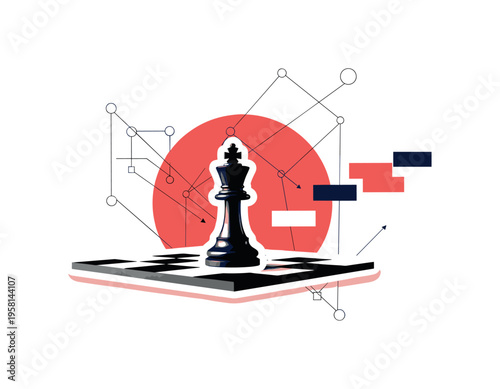 conceptual intellectual strategy collage with a black and white chessboard fragment and a single king piece, white cut-out outline effect around the board and