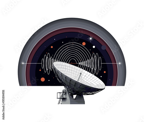 A black and white realistic observatory dish angled upward, gravitational waves illustrated as bold geometric concentric arcs rippling through space, abstract