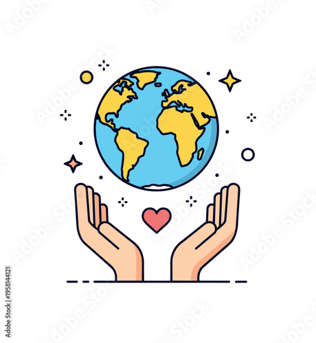 Planet care concept featuring a stylized Earth gently held by two simple hands below. Small heart and star accents emphasize environmental awareness and