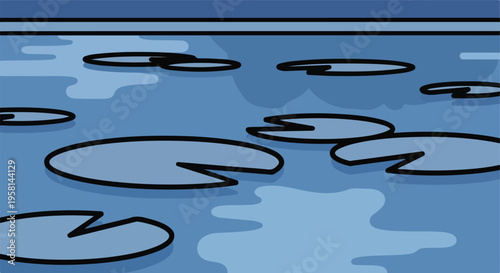Stylized depiction of a serene pond with scattered lily pads in various shades of blue