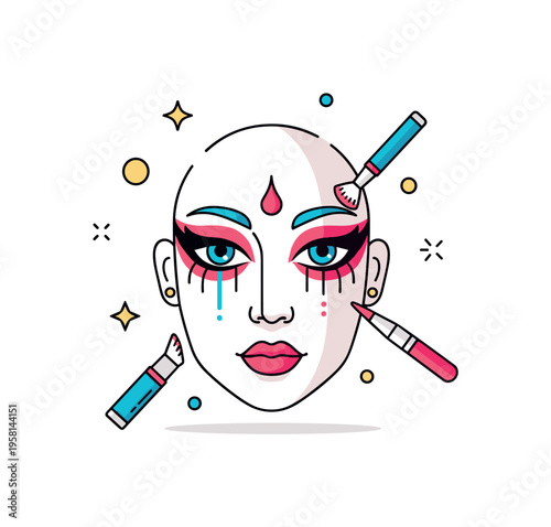 Fantasy character makeup stylized face with dramatic eye shapes and decorative lines while small cosmetic tools appear around it suggesting a creative tutorial