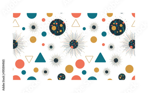 cosmic energy bursts seamless pattern, repeating pattern, surface design, textile print, modern illustration of radiant energy spheres, pulsating light, and