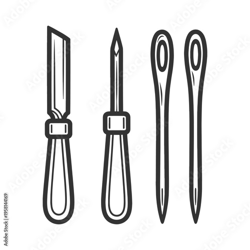 leatherworking tools including an awl and stitching needles, traditional leather craft, hand sewing, and artisan workshop tools sketch engraving generative ai vector illustration. Black and white.