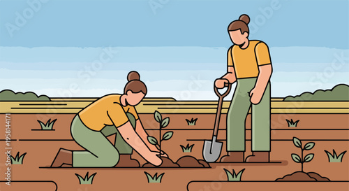 Two people plant saplings in fertile soil under a blue sky