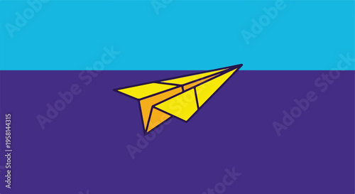 A minimalist yellow paper airplane flies across a split background of blue and purple