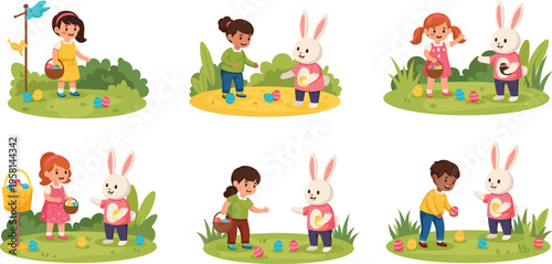 Kids Easter egg hunt set with children and bunny collecting colorful eggs cartoon vector illustration