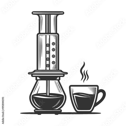 AeroPress coffee maker beside a steaming cup, symbolizing fresh brewing and morning routine sketch engraving generative ai vector illustration. Scratch board imitation. Black and white image.