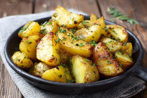 Crispy roasted potatoes on a black dish on a wooden table with herbs on a gray cloth