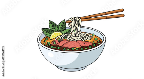 A steaming bowl of savory noodles with sliced meat, greens, and a lemon wedge