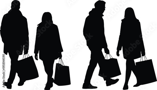 Silhouettes of People Walking and Carrying Shopping Bags in Winter Clothes for Seasonal Retail Sale Concept and Consumerism isolated on a White Background