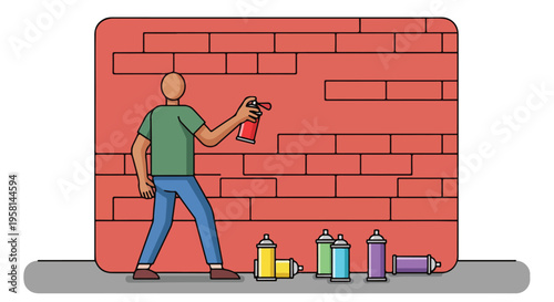 Person spraying a brick wall with several spray paint cans on the ground