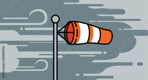 An animated windsock on a pole, indicating a breezy, cloudy day