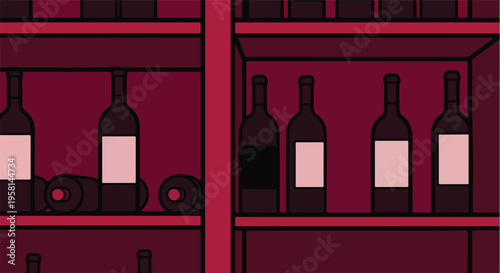 Stylized wine bottles are neatly arranged on shelves within a storage unit