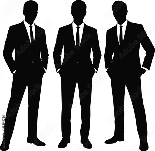 Isolated vector silhouettes of three elegant young businessmen in sharp suits, standing with hands in pockets on white background, stock asset image for business concepts.