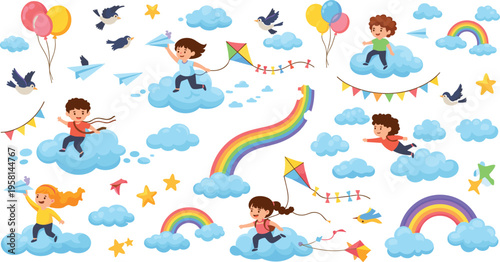 Kids flying on clouds with rainbows, kites and birds, dreamy sky adventure seamless pattern, playful children fantasy cartoon vector illustration