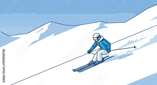 A cartoon skier in blue attire navigates a snowy slope