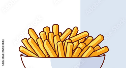 A cartoonish bowl overflowing with golden-brown french fries, set against a light backdrop