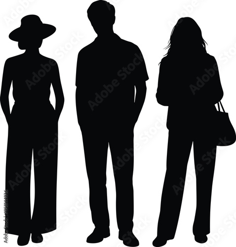 Full length silhouette of diverse group of three young people standing together in casual fashion clothing isolated on white background for lifestyle concept design