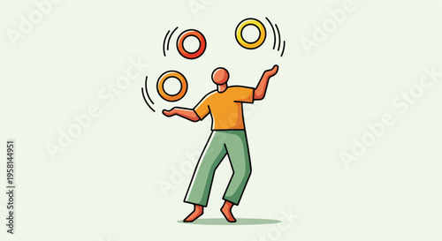 Cartoon figure juggles multiple rings in the air against a light background