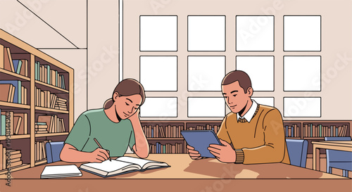 Two students studying together in a library, one writing, the other on a tablet