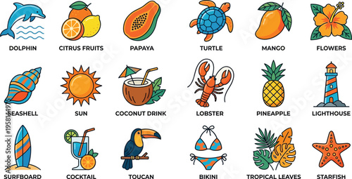 Vector illustration set of eight colorful postage stamps depicting summer vacation elements like crab, tomato, beach, lemons, orange, ocean, and ... 
