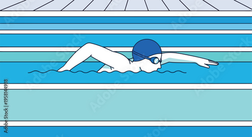 A person swims a freestyle stroke in a pool with blue lanes