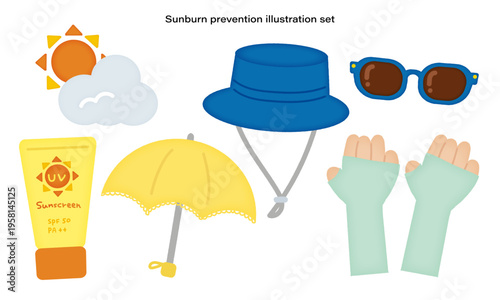 日焼け対策イラストセット|日傘・帽子・サングラス・日焼け止め・手袋/Sunburn prevention illustration set