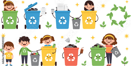 Kids recycling waste set with sorting bins, environmental awareness and eco activities, children caring for nature cartoon vector illustration collection