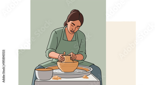 Woman focused on shaping clay on a pottery wheel with serene expression