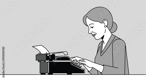 A woman sits focused, typing on a vintage typewriter with a paper sheet loaded