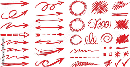 Collection of hand drawn red arrows on white background for design elements.
