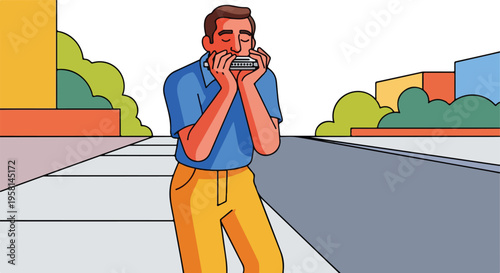 Man plays harmonica on a sidewalk with abstract buildings and foliage in background