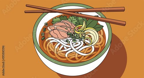 A top-down view of a delicious bowl of noodles with meat and garnishes