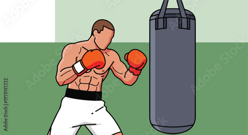 A muscular boxer in orange gloves practices his punches on a heavy bag