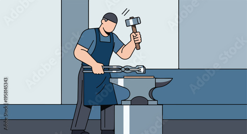 A stylized illustration of a blacksmith striking metal on an anvil with a hammer