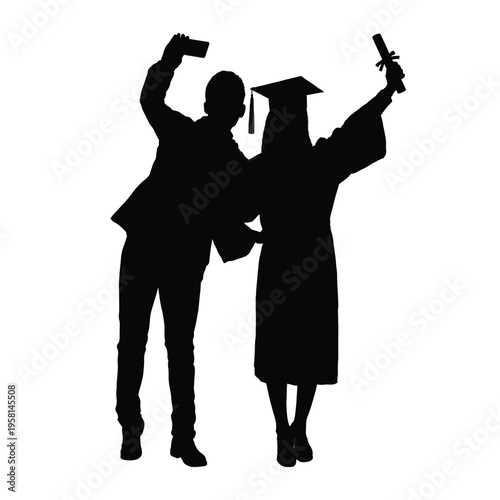 Woman in graduation cap and gown graduate taking selfie with her husband black silhouettes set isolated on white background flat vector illustration.