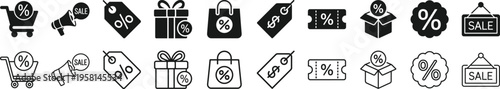 Discount Icon Set with Price Tag and Promotion Symbols, Sale Labels, Shopping Cart, Coupon, Gift Box and Percentage Sign Vector Illustration Collection for Retail Marketing
