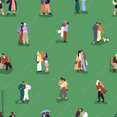 Endless background of tiny people walking in park together. Repeatable pattern of diverse romantic couples in love stroll dog, hug, kiss, hold hands outdoors. Flat seamless vector illustration