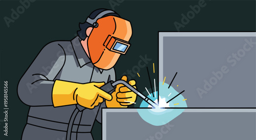 Cartoon illustration of a welder working on metal structure