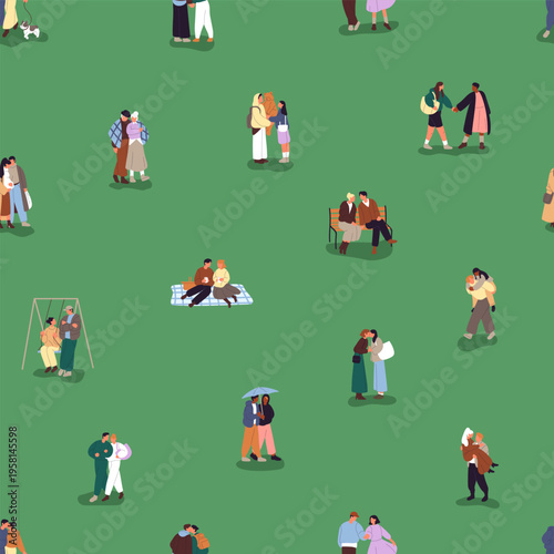 Repeatable pattern of tiny people are in love, walking in park together. Endless background of romantic couples have picnic, hold hands, hug and kiss outdoors. Flat seamless vector illustration