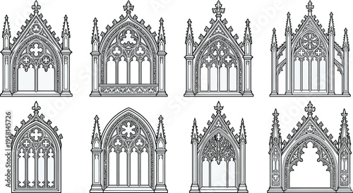 A collection of intricate black silhouette designs of various Gothic arched windows with detailed tracery and decorative spires, suitable for architectural or fantasy themes. 
