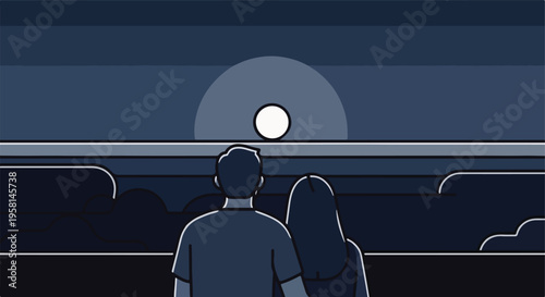 Two silhouetted figures gaze at a bright moon rising over a calm, dark sea