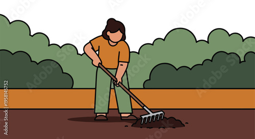 Person raking soil in garden with green bushes in background