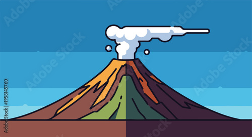 A simplified, stylized volcano erupts, spewing white smoke against a blue sky