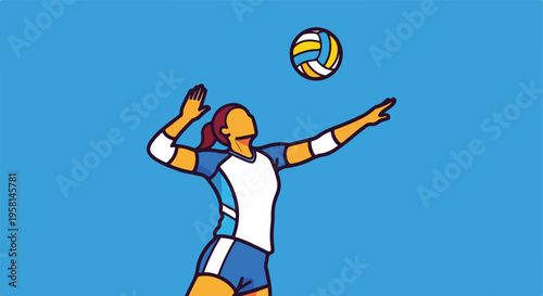 Athletic person in uniform jumps, hitting a volleyball in mid-air